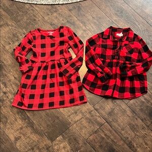 Red and Black Plaid Dress and Shirt Set